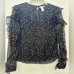 H&M Flounced Blouse Black Floral Ruffle Puff Sleeves Long Sleeves Sheer